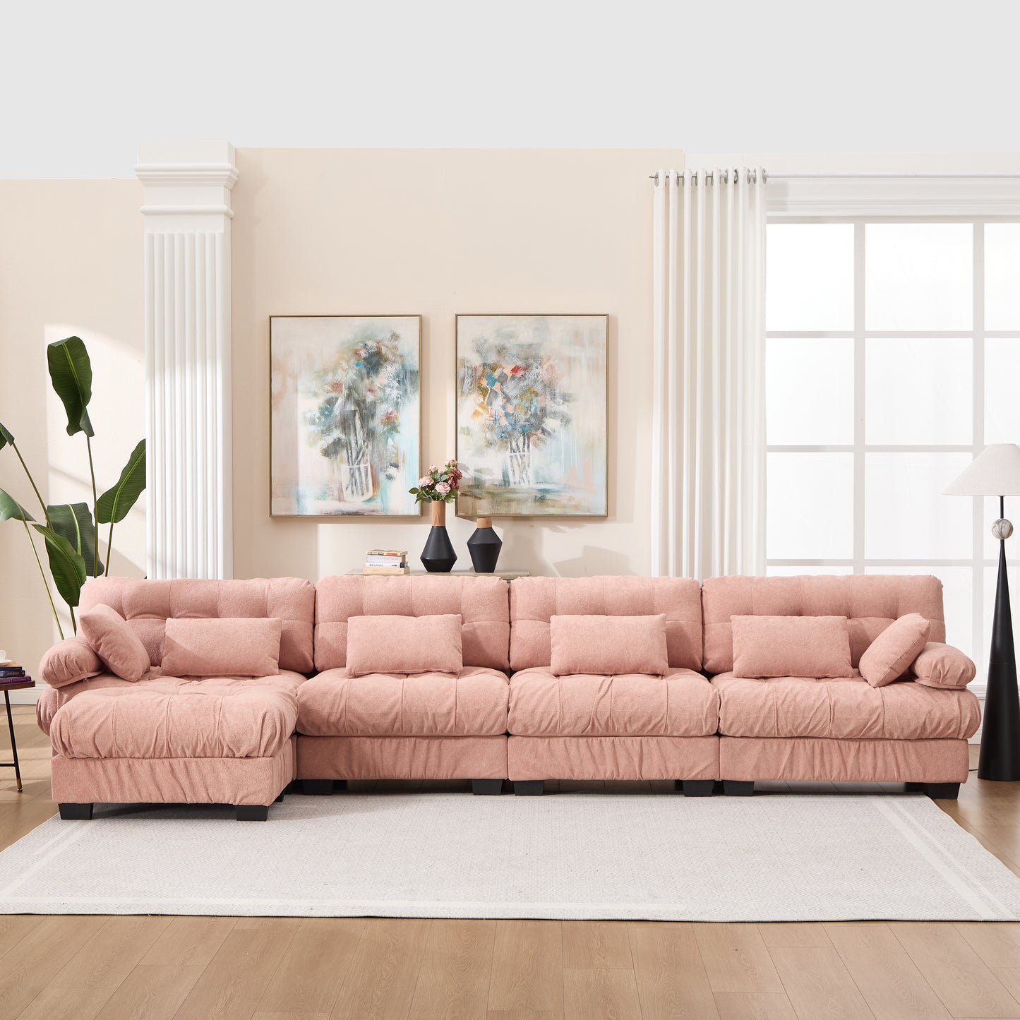 L-Shaped Modular Sectional Sofa - Pink Cloud Couch with 6 Pillows