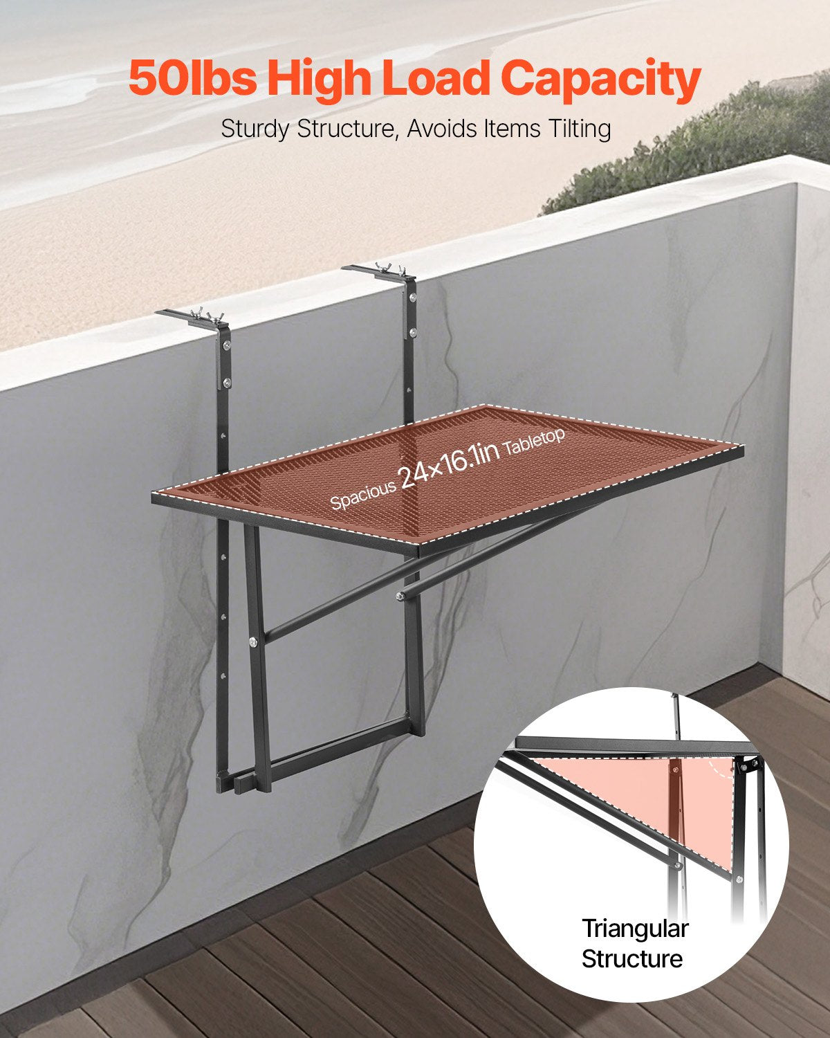 Outdoor Hanging Balcony Table 19x24 Inch Metal Folding Patio Railing Table