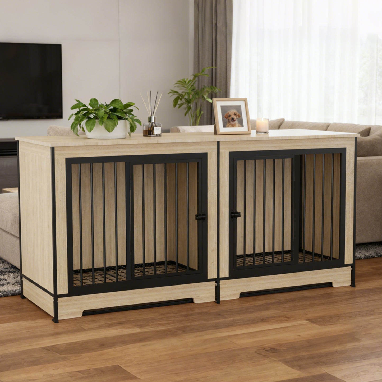 XL Large Double Dog Crate Furniture with Tray - Black & Natural