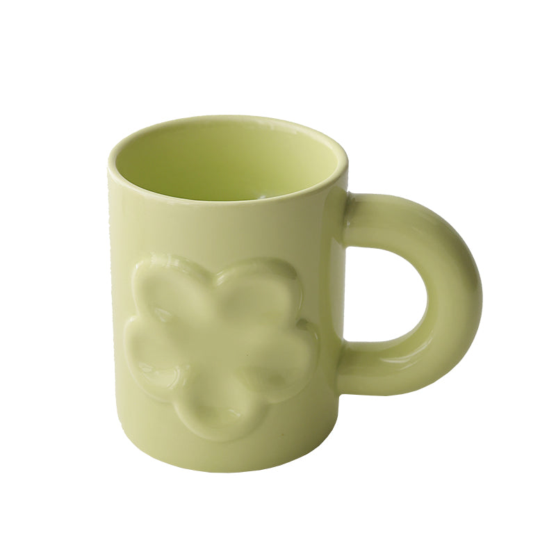 Ceramic Milk Mug Set - Cute Cream and Mint Heart & Flower Designs, Nordic Style, 300ml