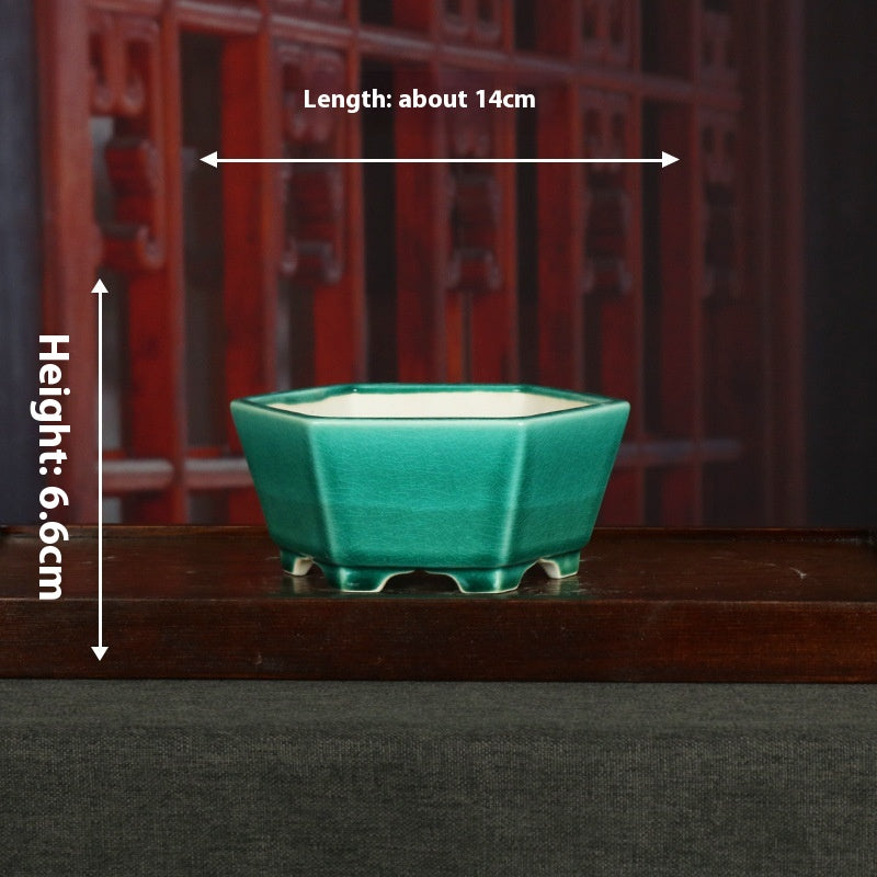 Ceramic Bonsai Basin Hexagonal Flowerpot with Glazed Finish - Indoor & Outdoor Decor