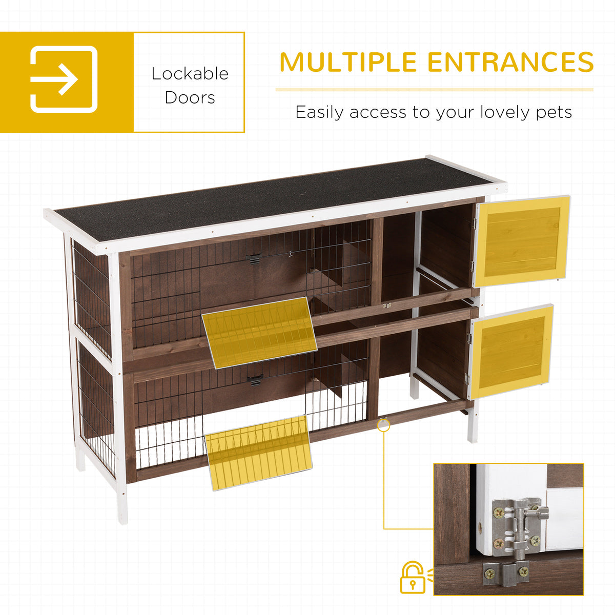 Wooden Rabbit Hutch with Dividers and Asphalt Roof - Small Animal Cage
