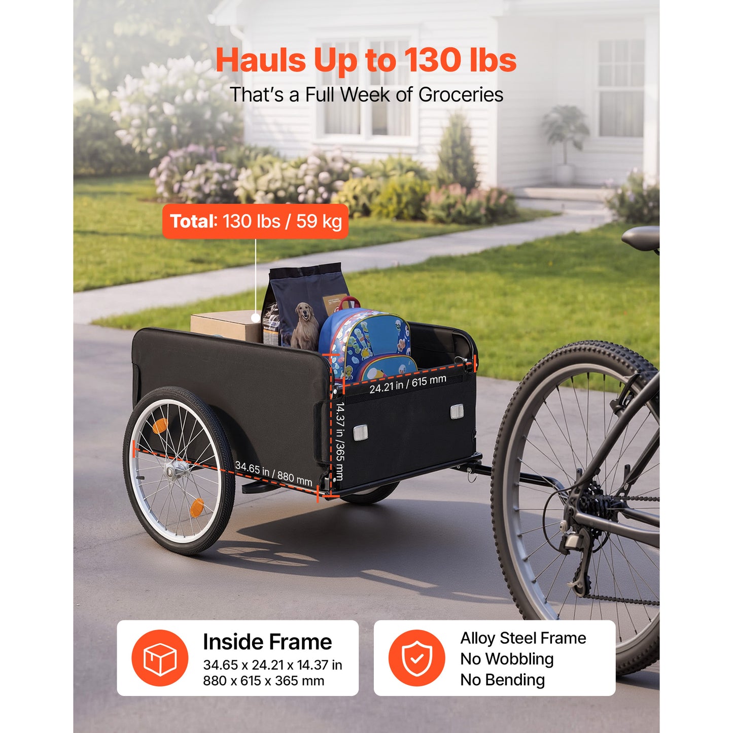 Heavy-Duty Bicycle Cargo Trailer 130 Lb Load Foldable Bike Wagon with Waterproof Cover