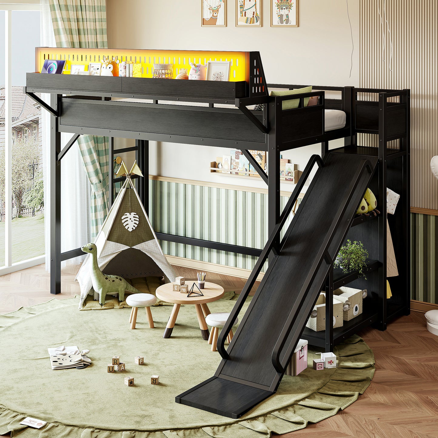Twin XL Loft Bed with Slide, Storage Shelves, USB Ports & LED Lights - Black