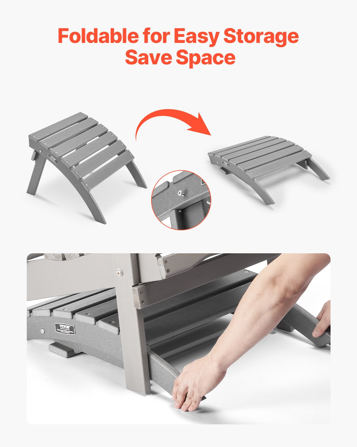 Folding Adirondack Ottoman Footrest for Outdoor Patio Gray 21.5L x 18.9W x 14.8H
