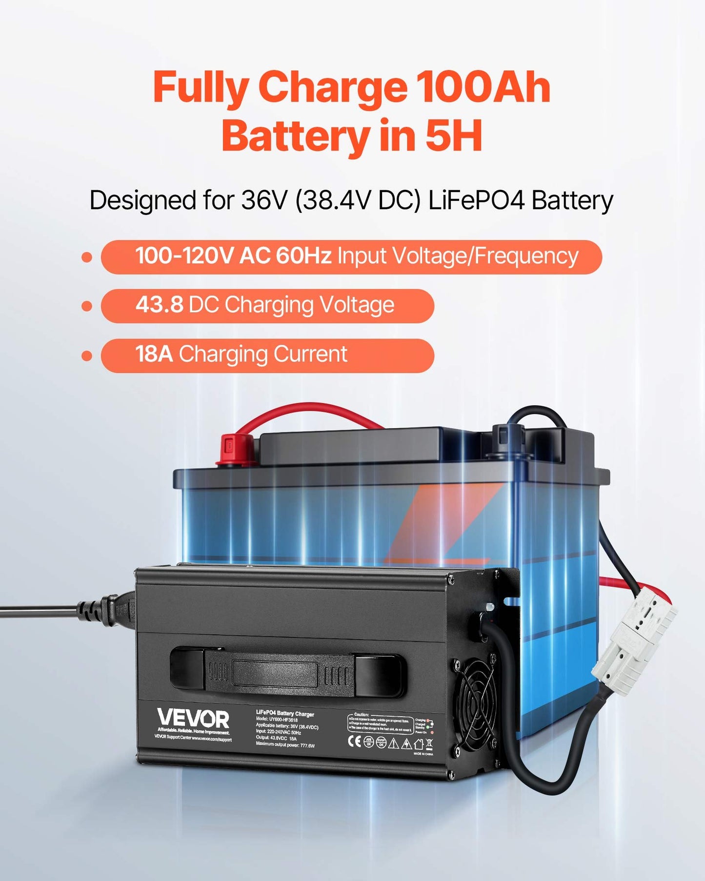 36V 18A Lithium Battery Charger for RV LiFePO4 Batteries - Smart 43.8V AC/DC