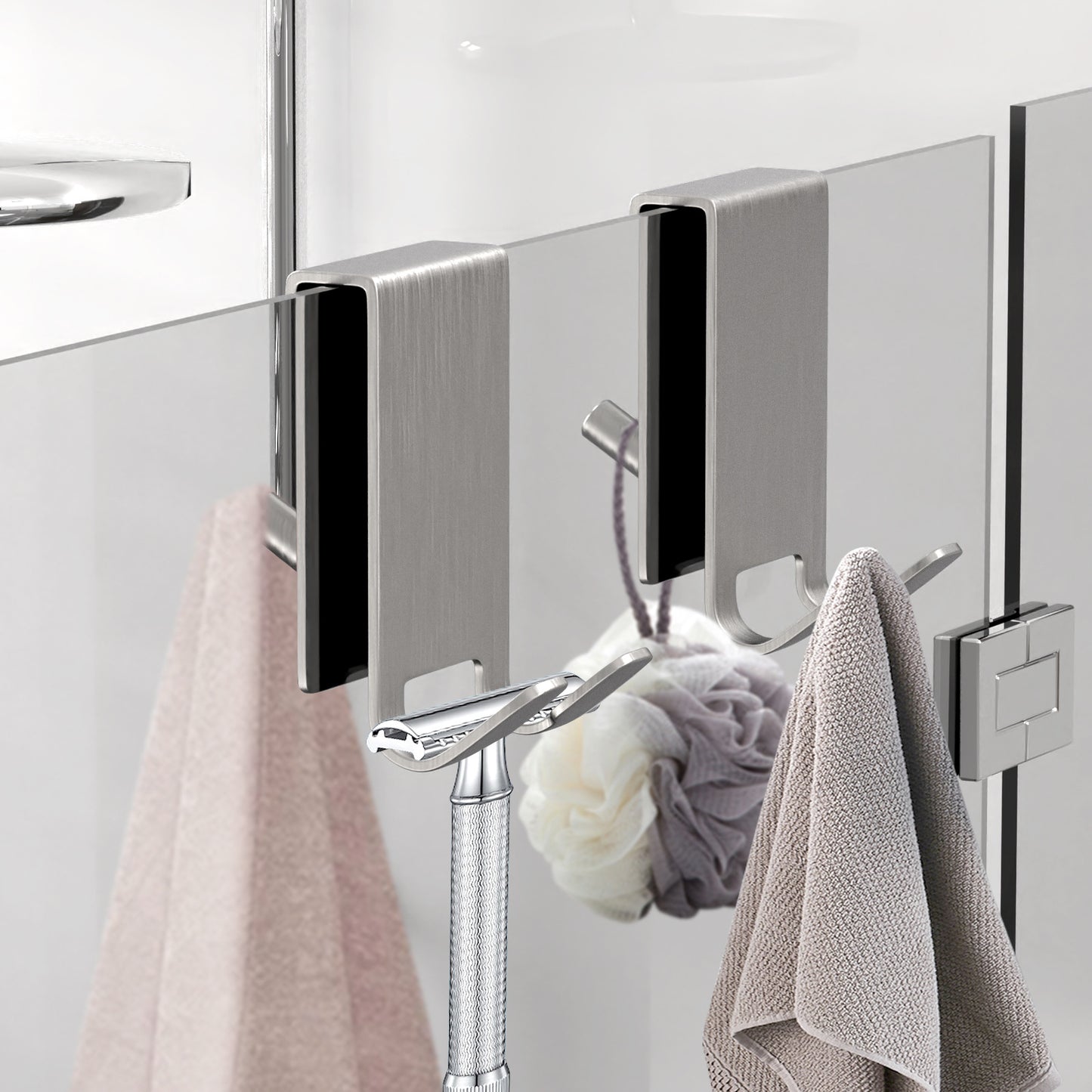 Removable Drill-Free Bathroom Glass Door Hook - Stainless Steel, Black & Natural Finish