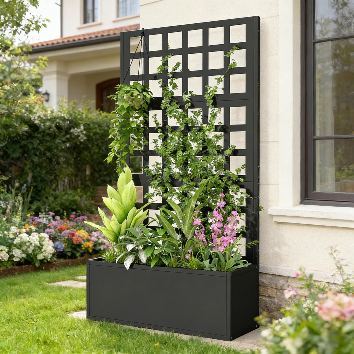 Raised Garden Bed Planter Box with Trellis - Black Steel