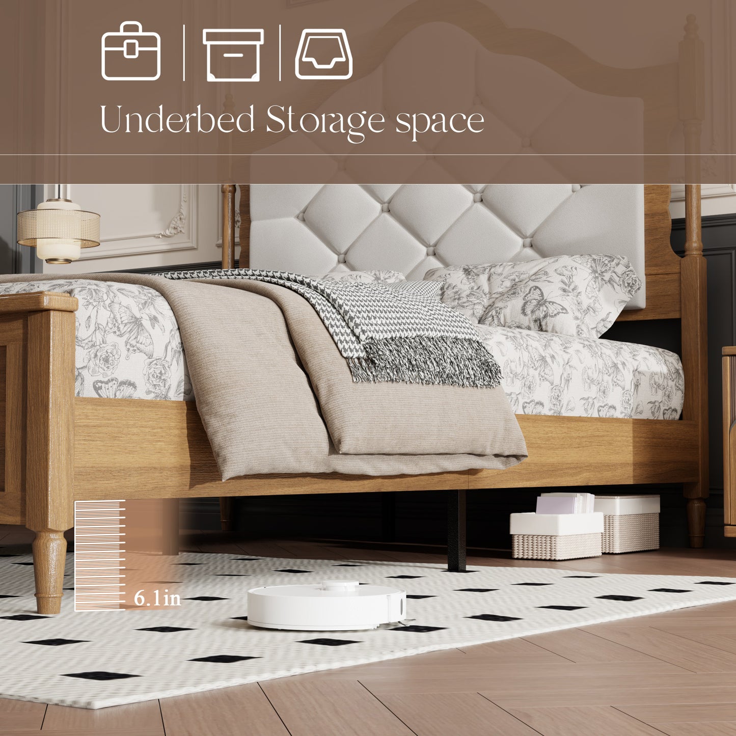 Queen Size Wood Platform Bed Frame with Upholstered Headboard, Brown