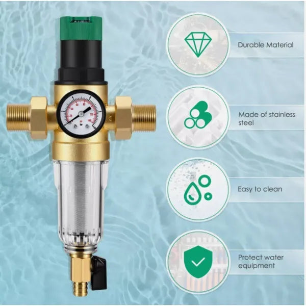 Water Pressure Reducer with Gauge & Mesh Filter for RV and Home Plumbing