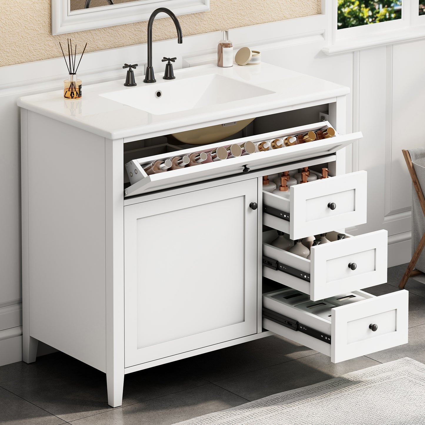 36-Inch White Bathroom Vanity with Sink and 3 Drawers