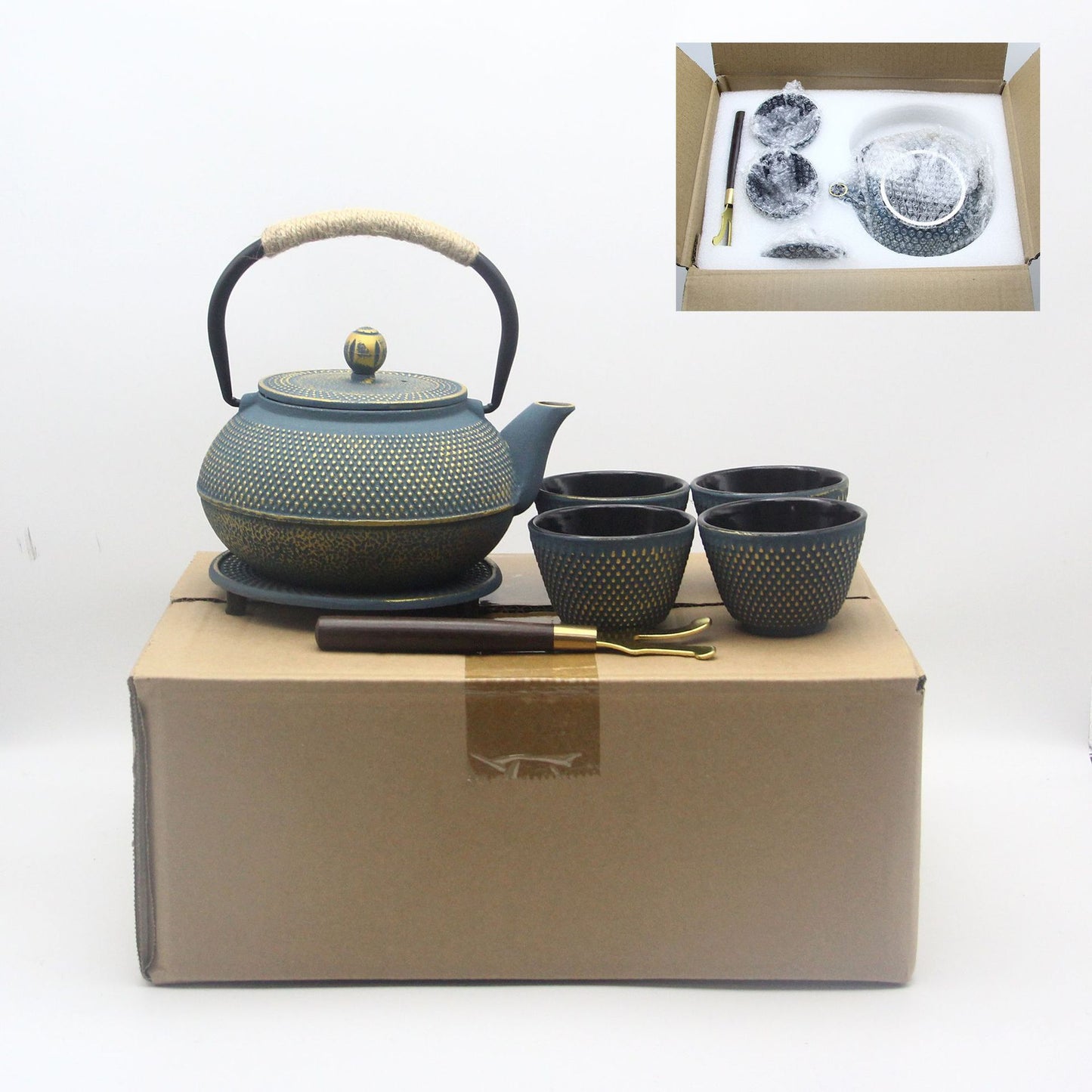 800ml Cast Iron Enamel Kettle Set with Cups and Utensils - Anti-Rust Nordic Style