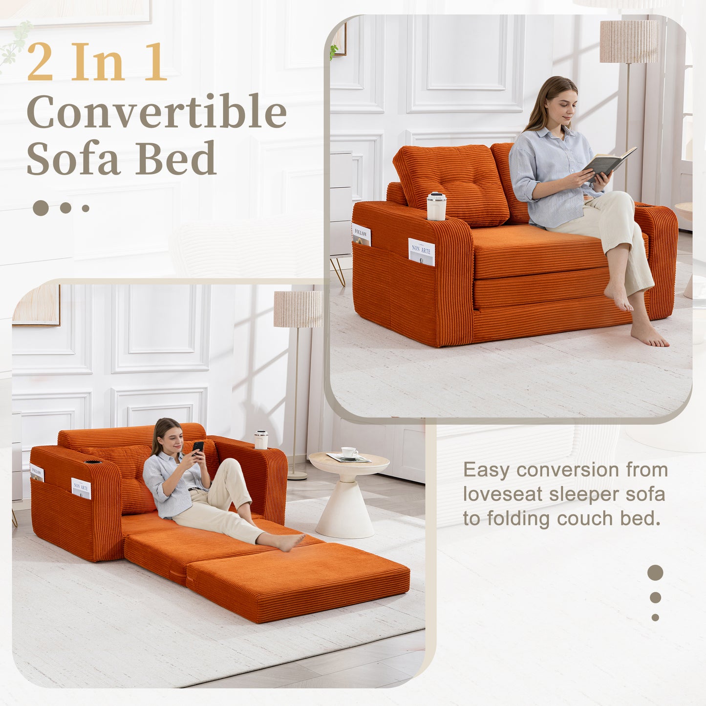Convertible Sofa Bed - Expandable Floor Couch with Pillows - Orange