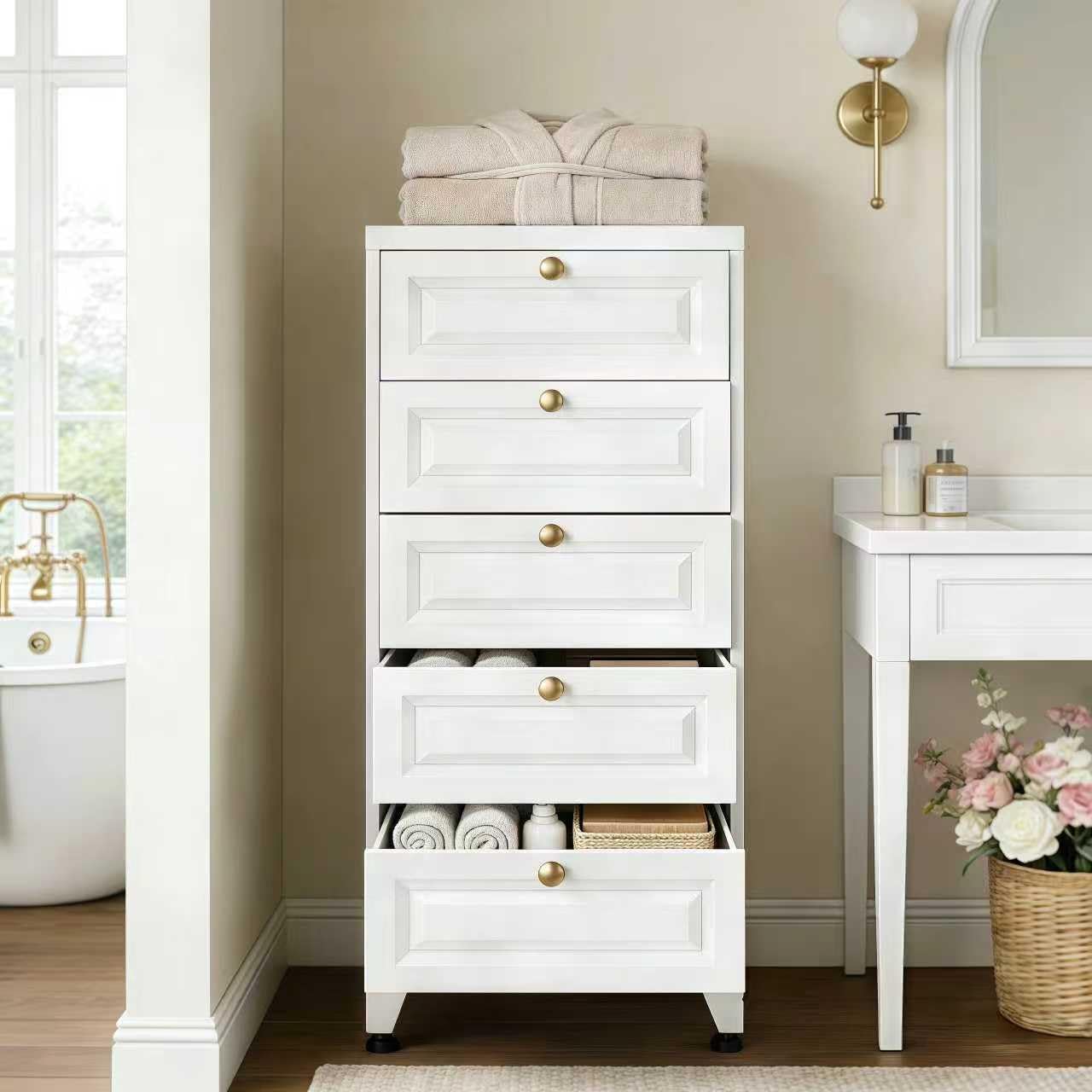 Metal Bathroom Storage Cabinet with 5 Drawers - White
