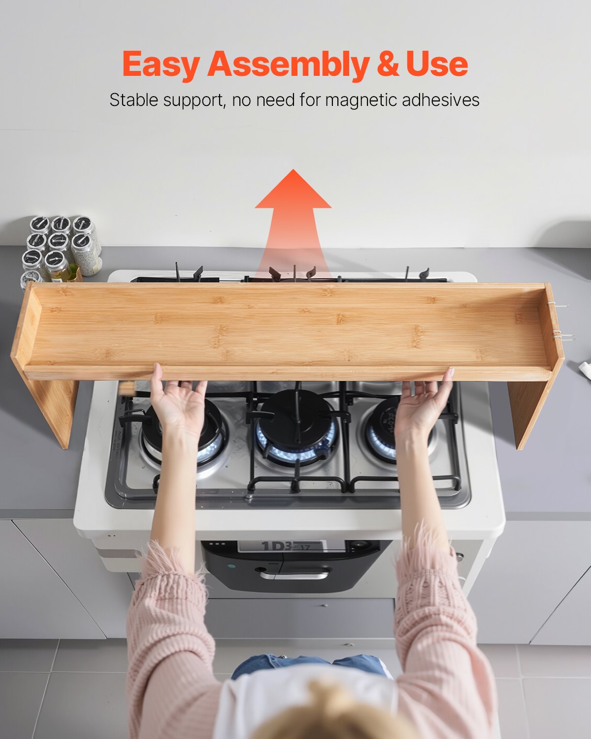 Over The Stove Spice Rack Organizer - Bamboo Shelf with 6 Hooks