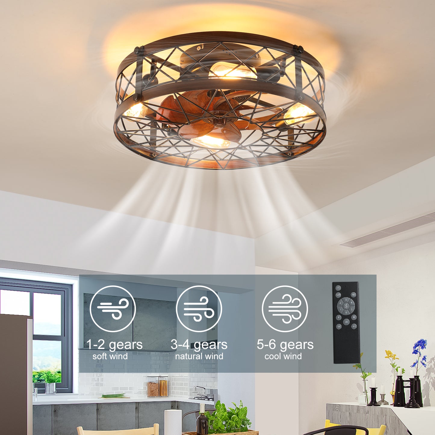 20-Inch Black Caged Ceiling Fan with Light Fixture - Farmhouse Style