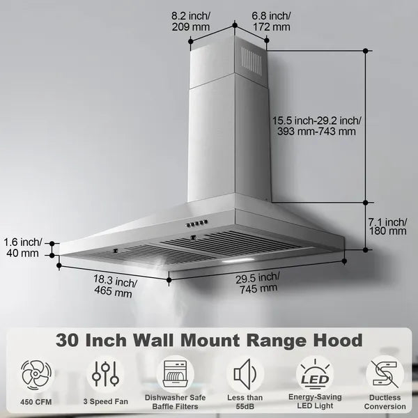 30-Inch Wall Mount Range Hood - Stainless Steel Kitchen Vent with Baffle Filters