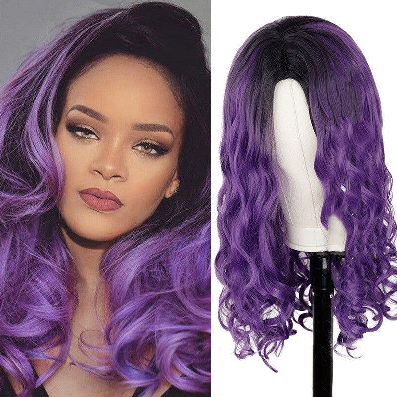 Long Curly Synthetic Wig with Two-Color Gradient - Black and Purple