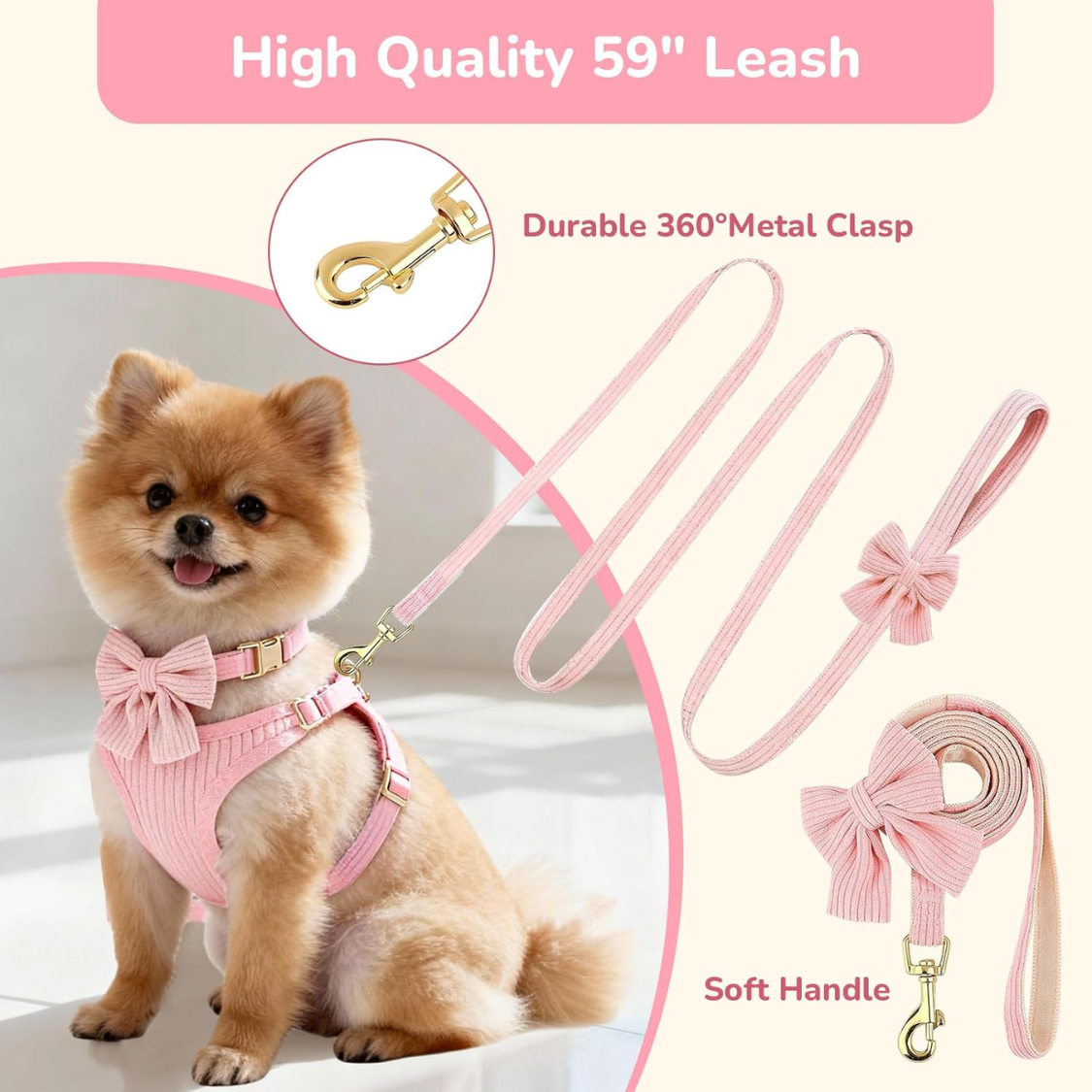 Small Dog Collar Harness and Leash Set Breathable Cotton Adjustable No Pull