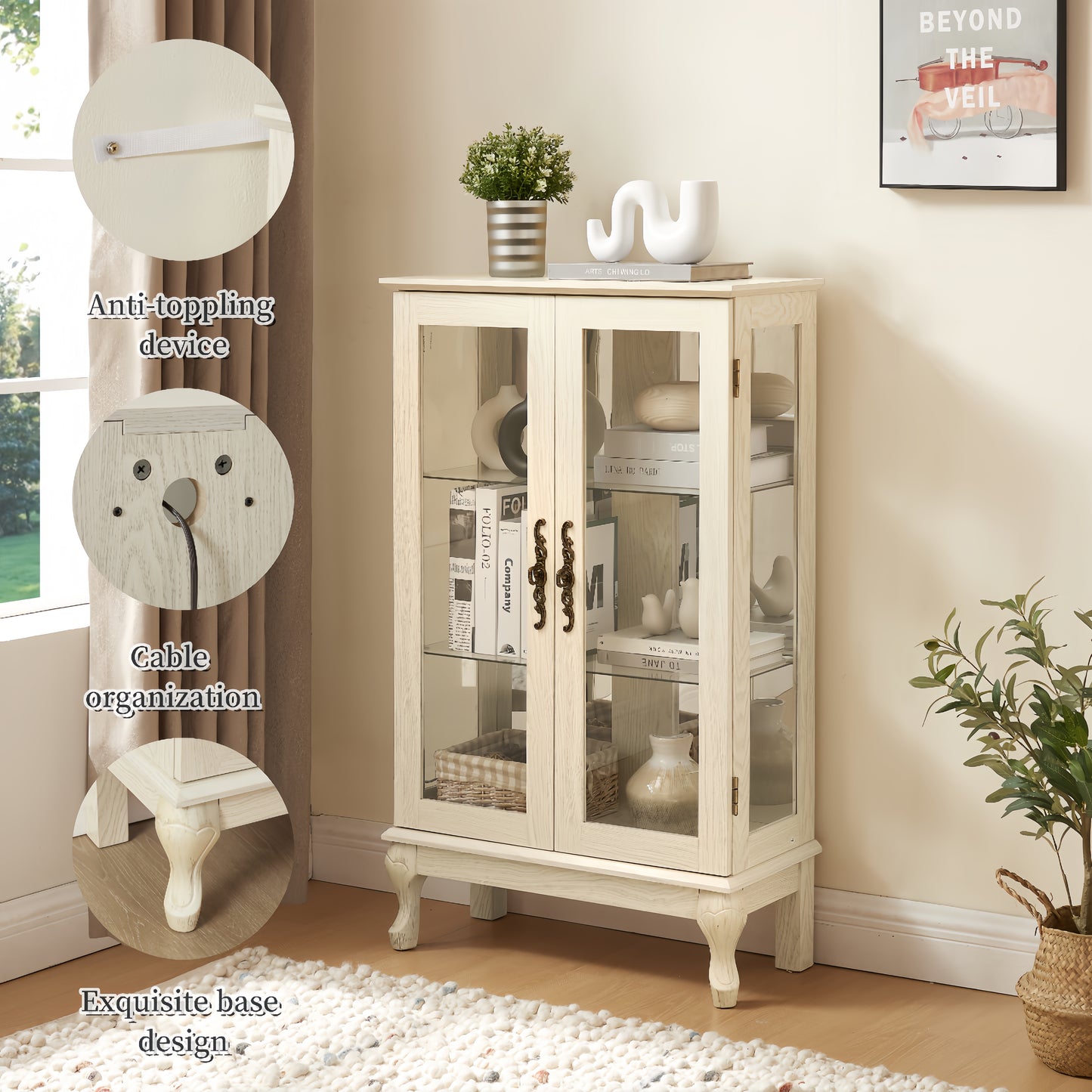 2-Door Lighted Curio Cabinet with Tempered Glass - White