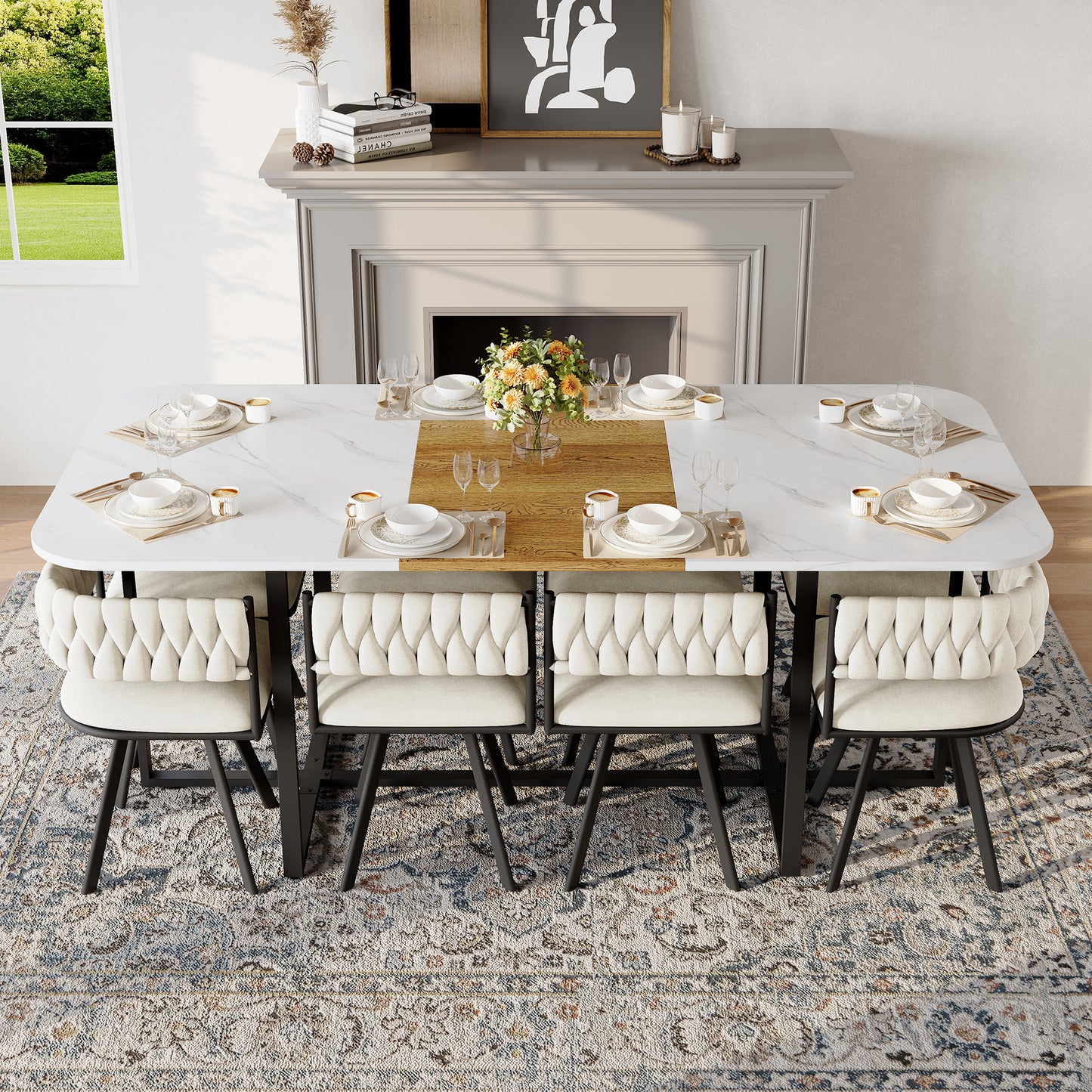 9-Piece Square Dining Table Set, Fixed White Faux Marble & Wood Grain