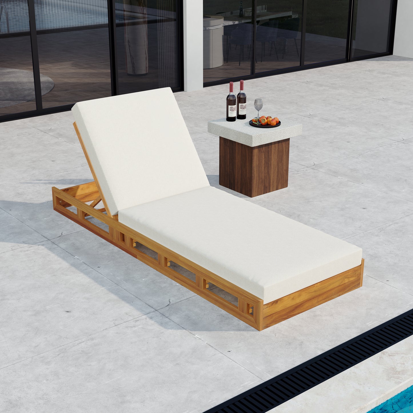 Acacia Wood Lounge Chaise Set with Water-Resistant Cushions - Cream