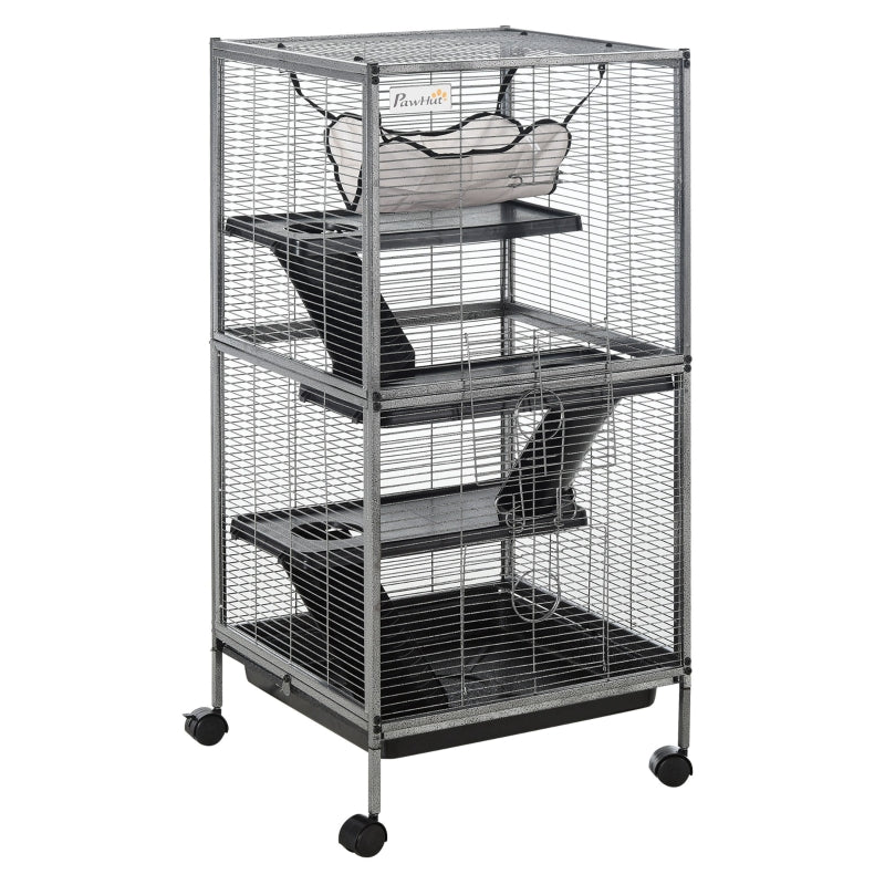 Small Animal Cage with Wheels, 4 Tiers, Removable Tray, Hammock, Gray