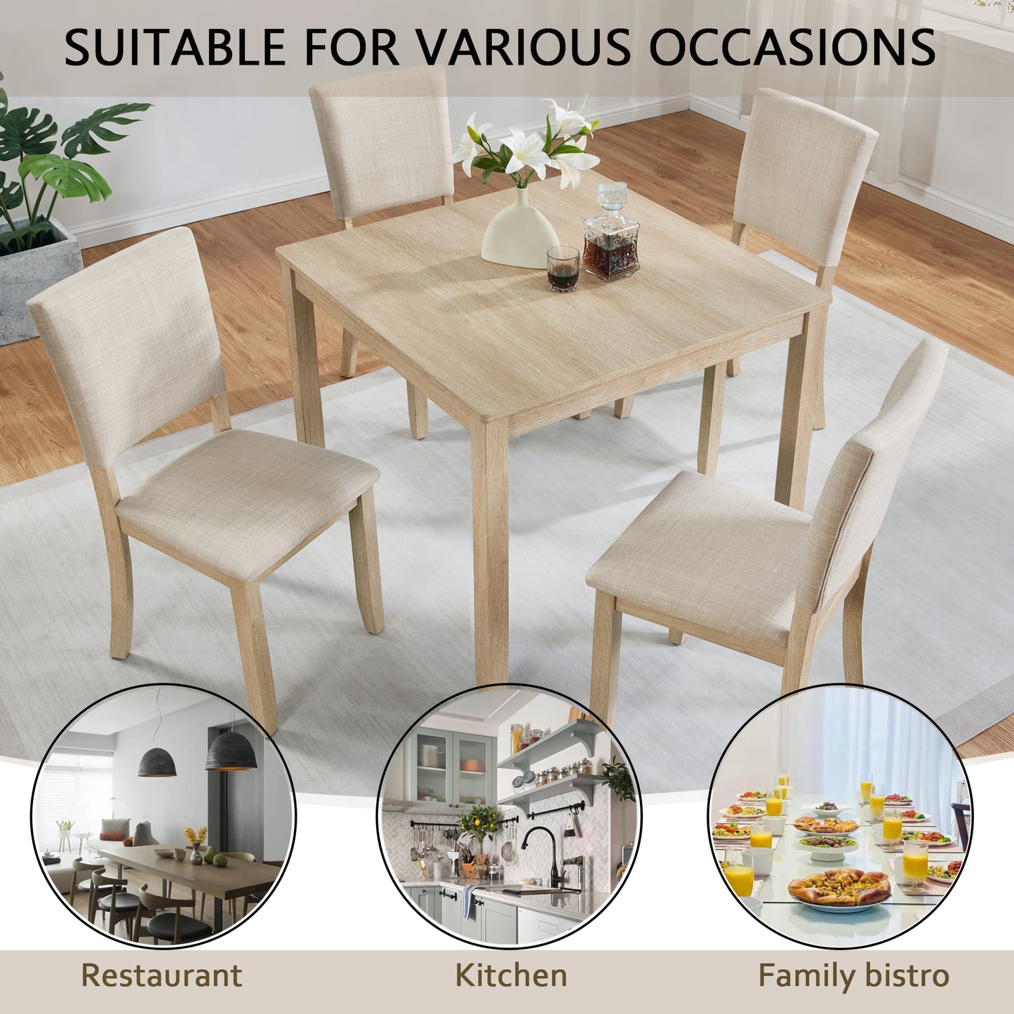 4-Person Wooden Dining Table Set with 4 Chairs - Light Oak & Beige