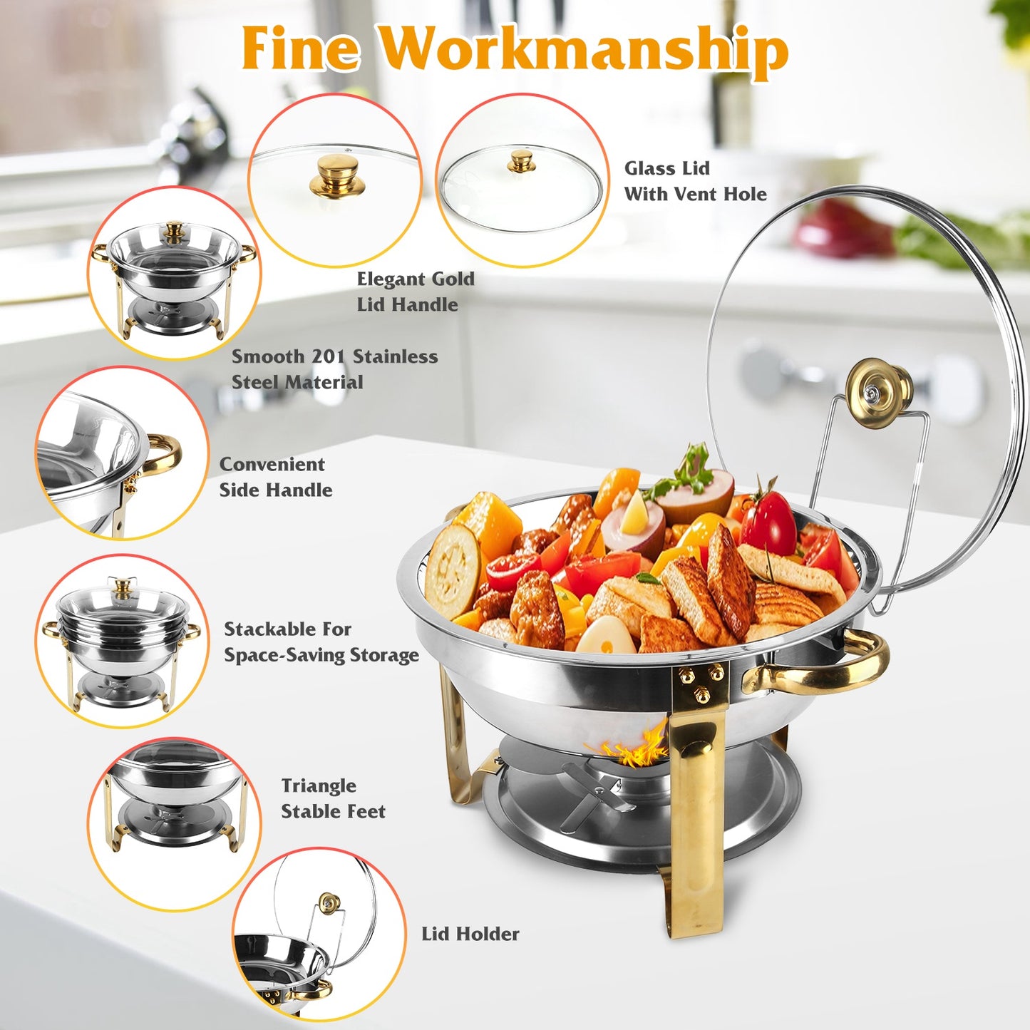 4-Piece Stainless Steel Chafing Dish Set - 4.76QT Round Buffet Servers