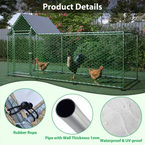Metal Chicken Coop with Lid - 10x3FT Backyard Poultry Habitat Cage