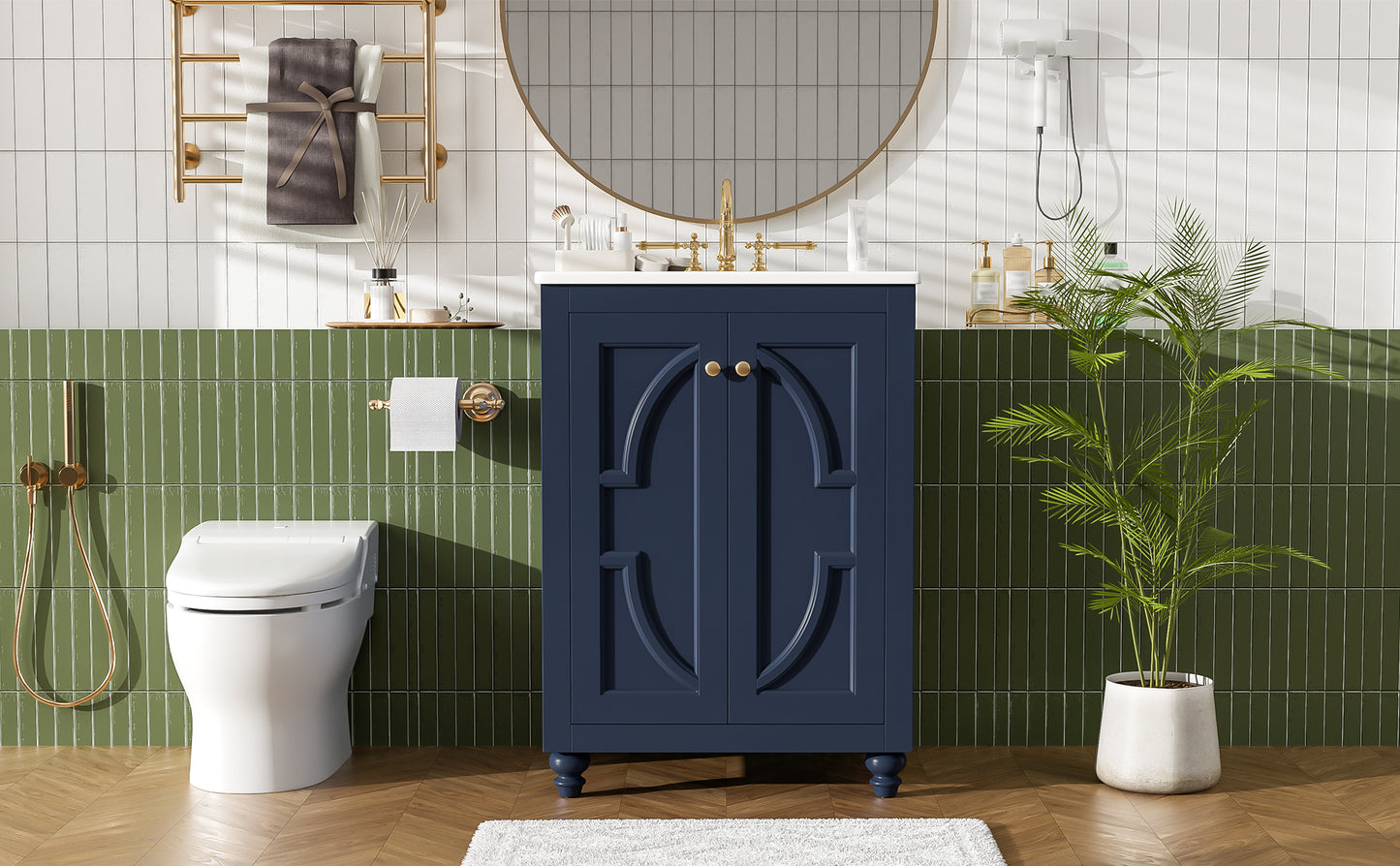24" Blue Modern Bathroom Vanity with Ornate Design & Soft-Close Hinges