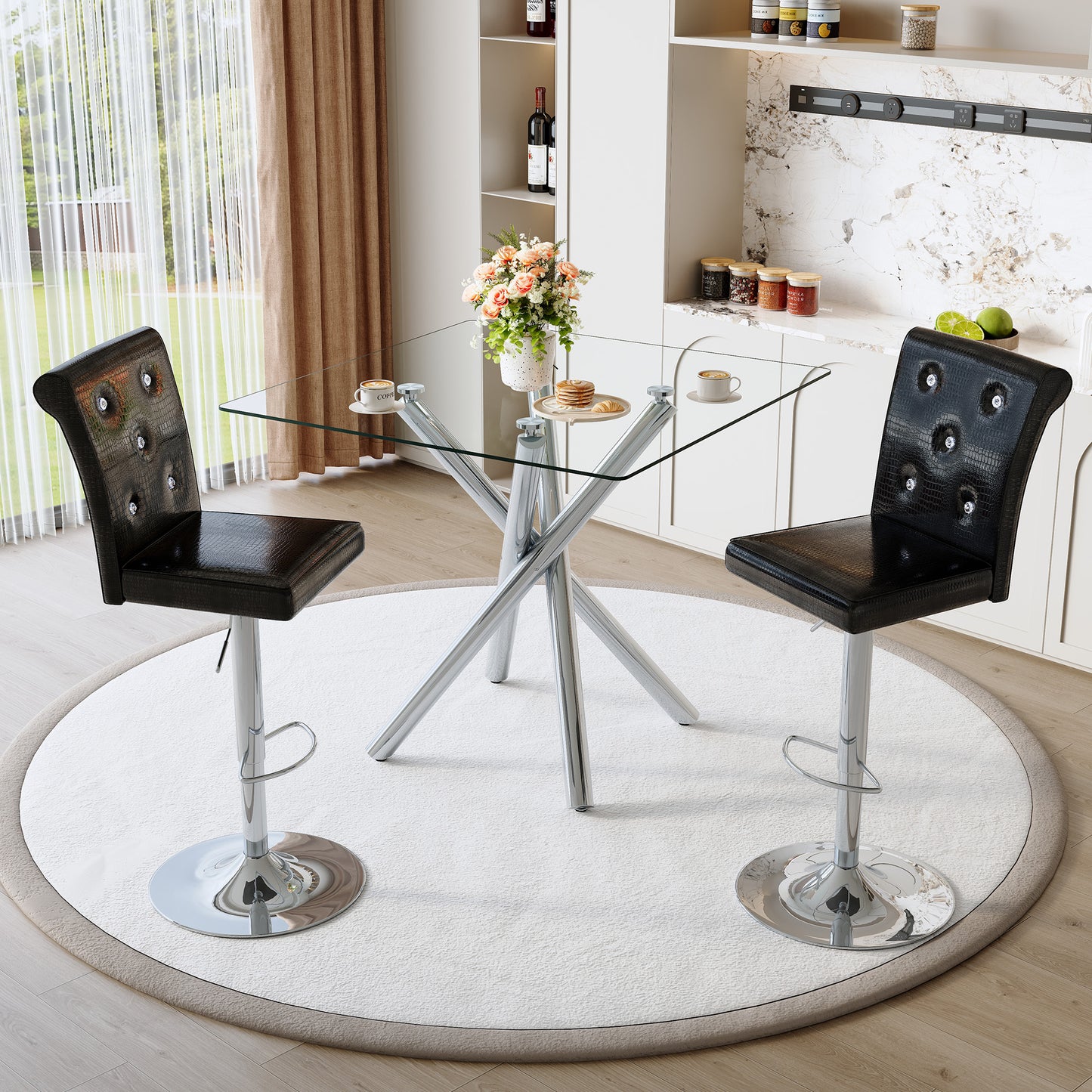 Modern Glass Bar Table And Adjustable Stools Set Of 2, Contemporary