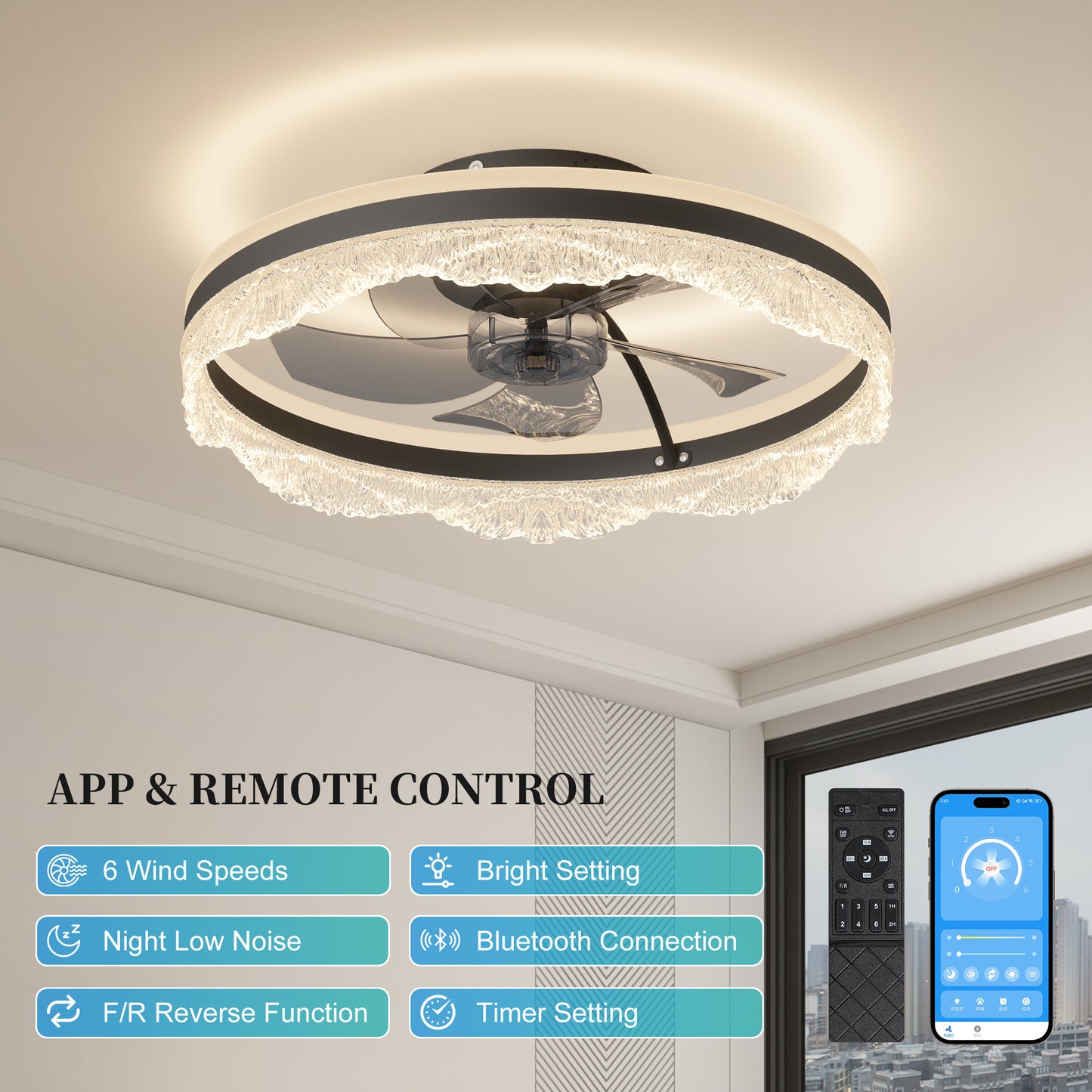 Smart Silent Ceiling Fan with Crystal LED Light - Flush Mount