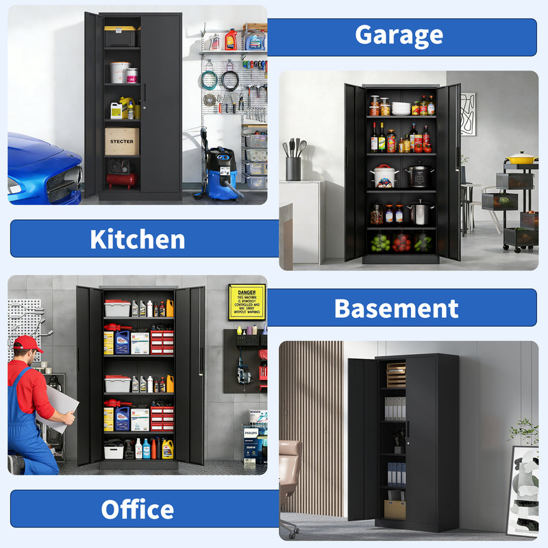 Heavy-Duty Black Steel Garage Storage Cabinet with Lock - 4 Shelves