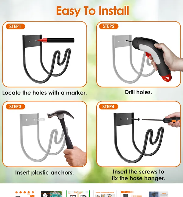 Heavy Duty Garden Hose Holder Stainless Steel Wall Mount Hose Rack Black
