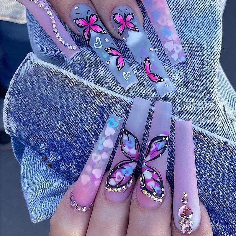 Gradient Butterfly Nail Art Set with Heart Design for Ladies