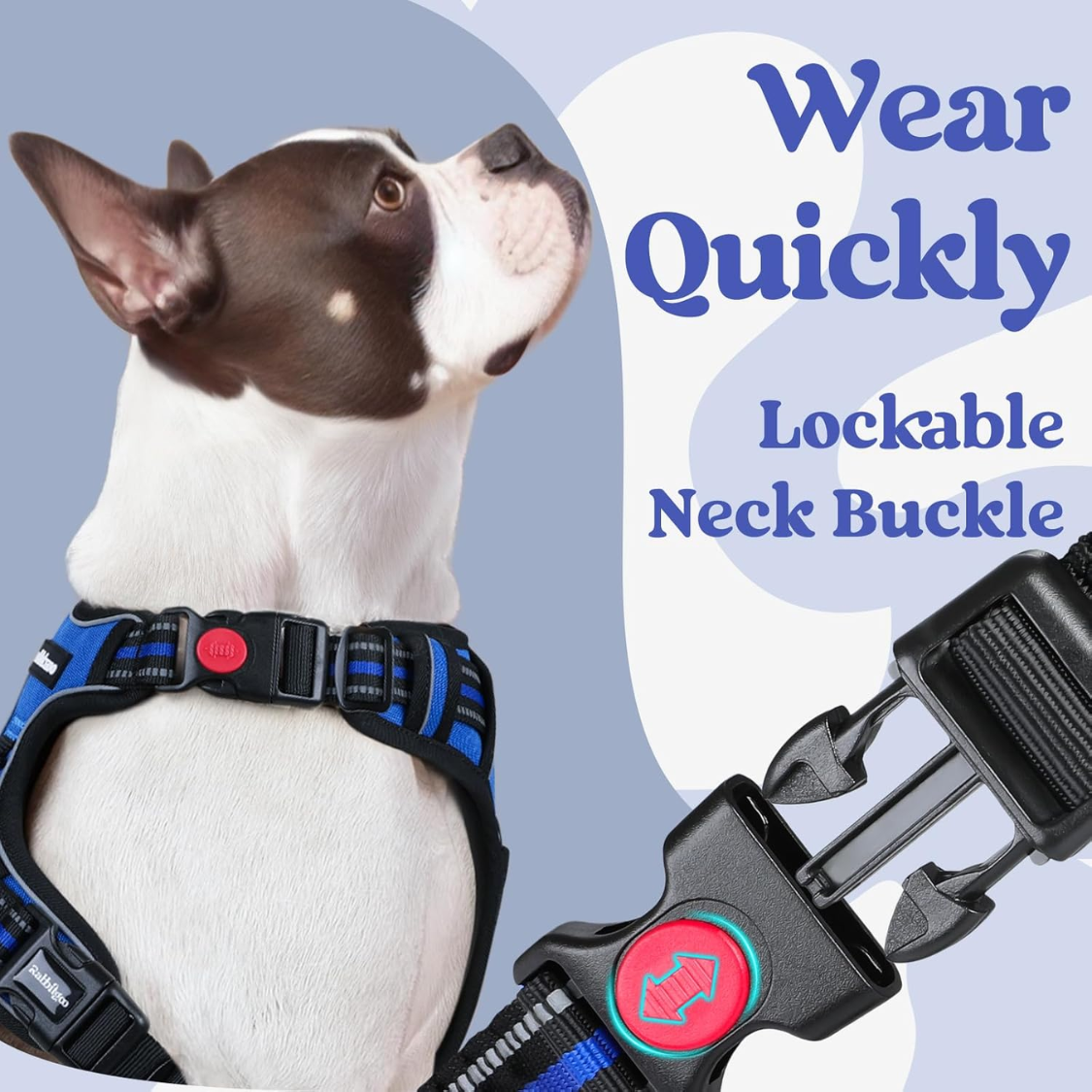 Large No Pull Dog Harness with Reflective Strips, Adjustable Soft Walking Vest, 3 Buckles, Handle & 2 Clips, Blue, L