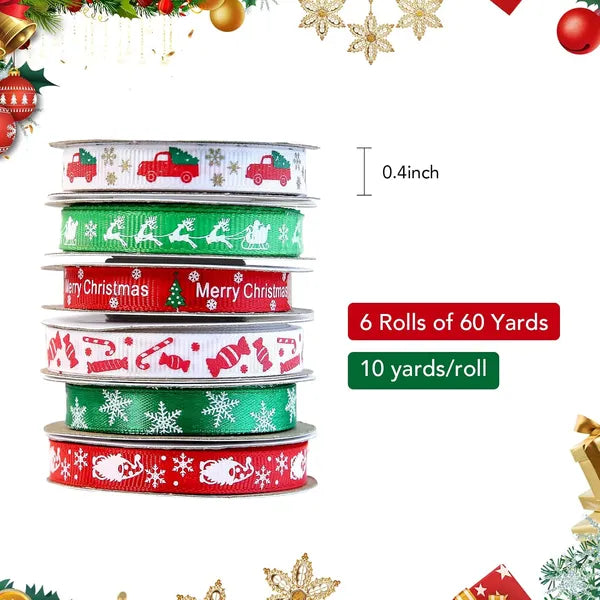 Christmas Grosgrain Ribbon - 60 Yards, Red Green White - 6 Rolls