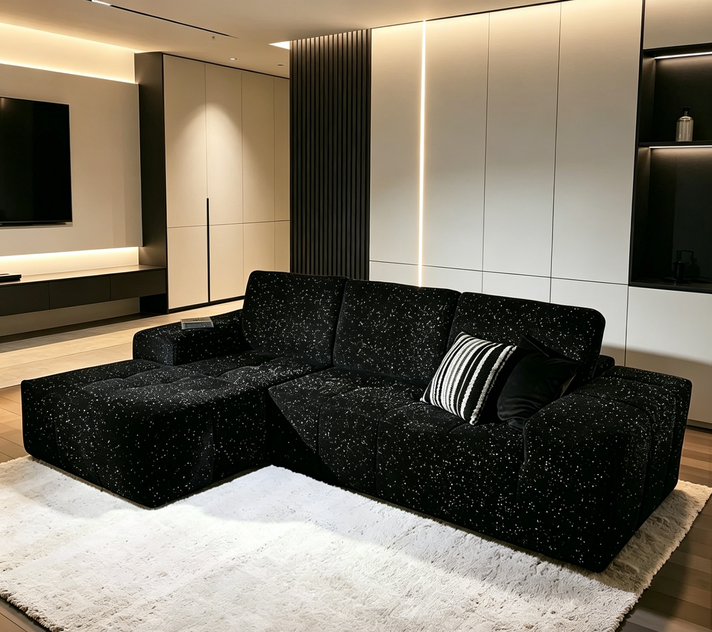 L-Shaped Modular Sofa - Black Plush Cloud Sectional Couch