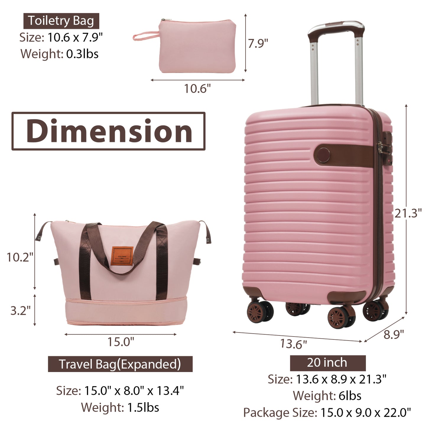 3-Piece Luggage Set - Lightweight Hardshell Suitcases with Wheels - Pink