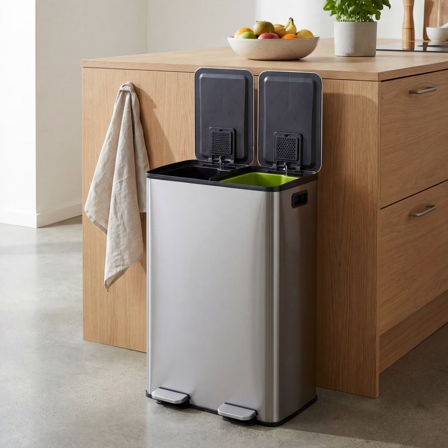 Dual Bin Trash Can, Foot Pedal Kitchen Recycling Bin, Soft-Close Lid