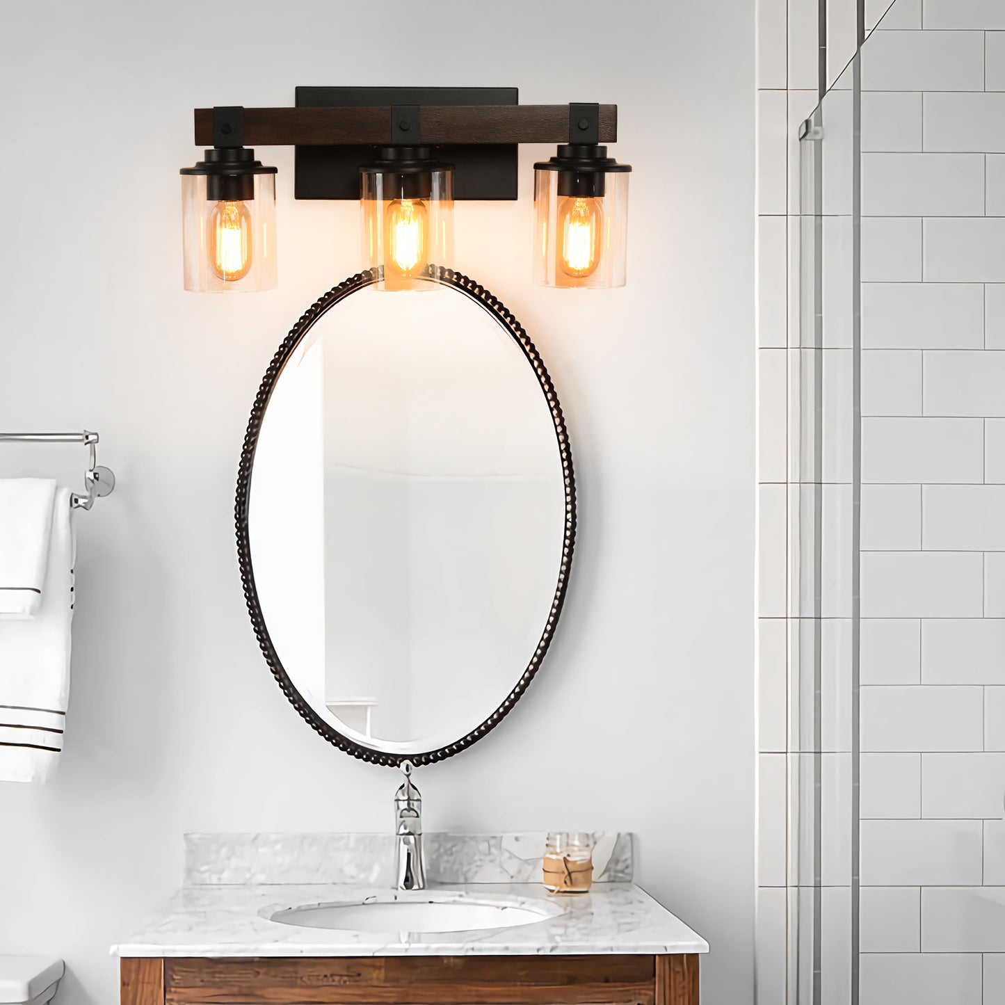Rustic 3-Light Vanity Light Fixture with Glass Shades and Wood Accent