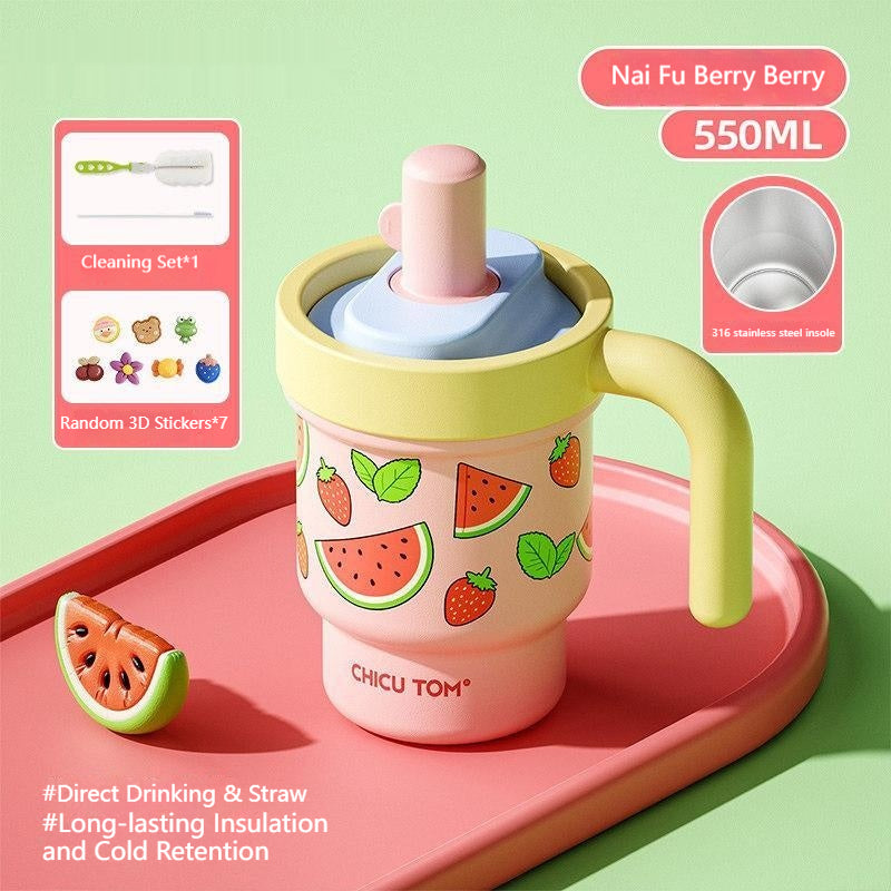 Insulated Ceramic & Stainless Steel Straw Cup with Handle - 610ML, Color Options