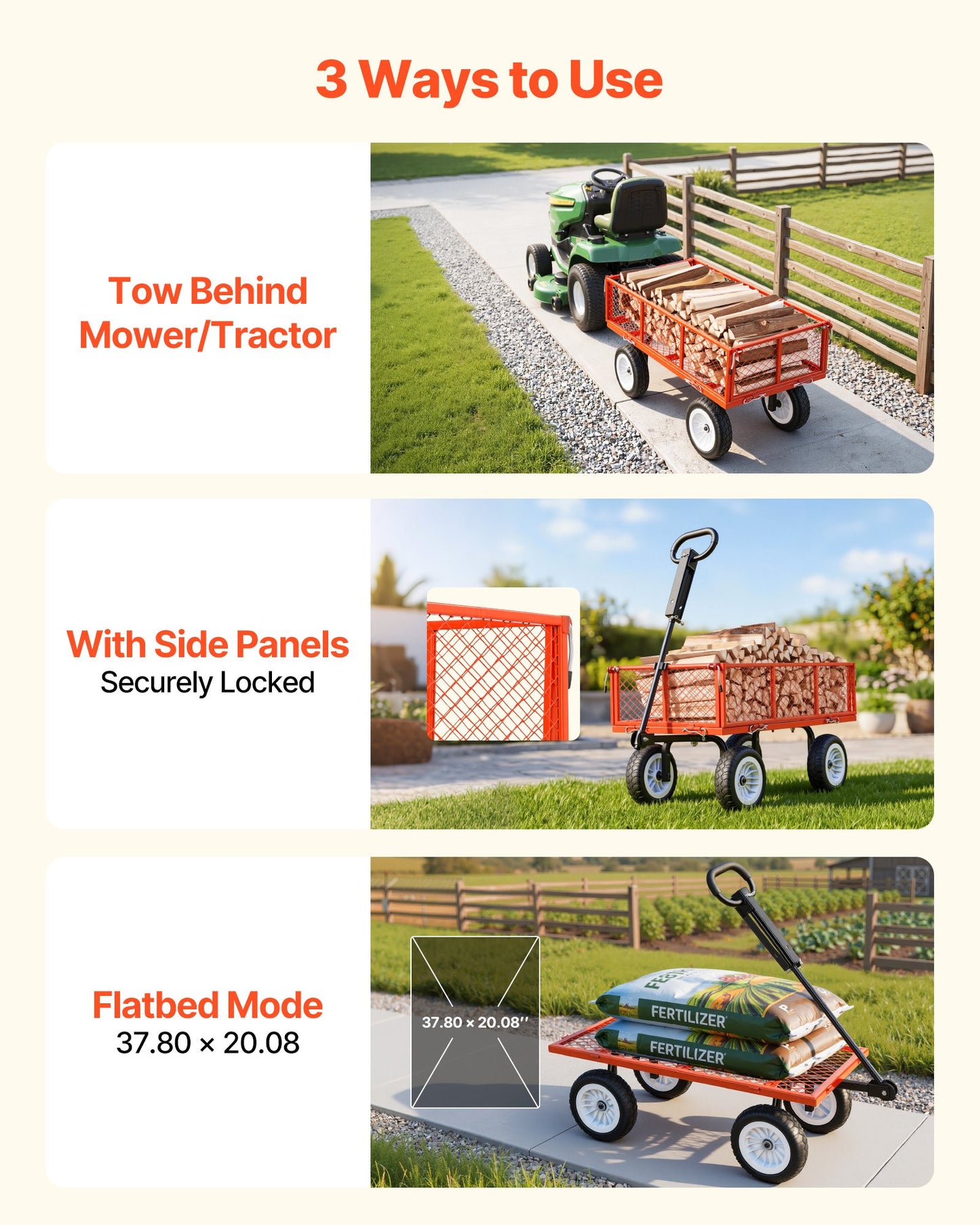 Heavy Duty Steel Garden Cart with 900 Lbs Capacity, Detachable Side Panels & 10-Inch Flat-Free Tires
