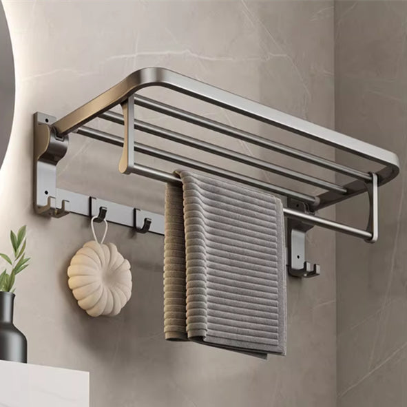 Foldable Bathroom Towel Rack with Hooks - Space Aluminum, No Drilling