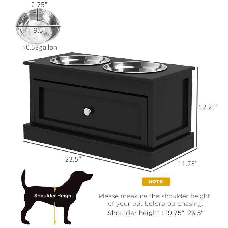 Raised Dog Feeder Stand with Storage Drawer - Black, Large Stainless Steel Bowls
