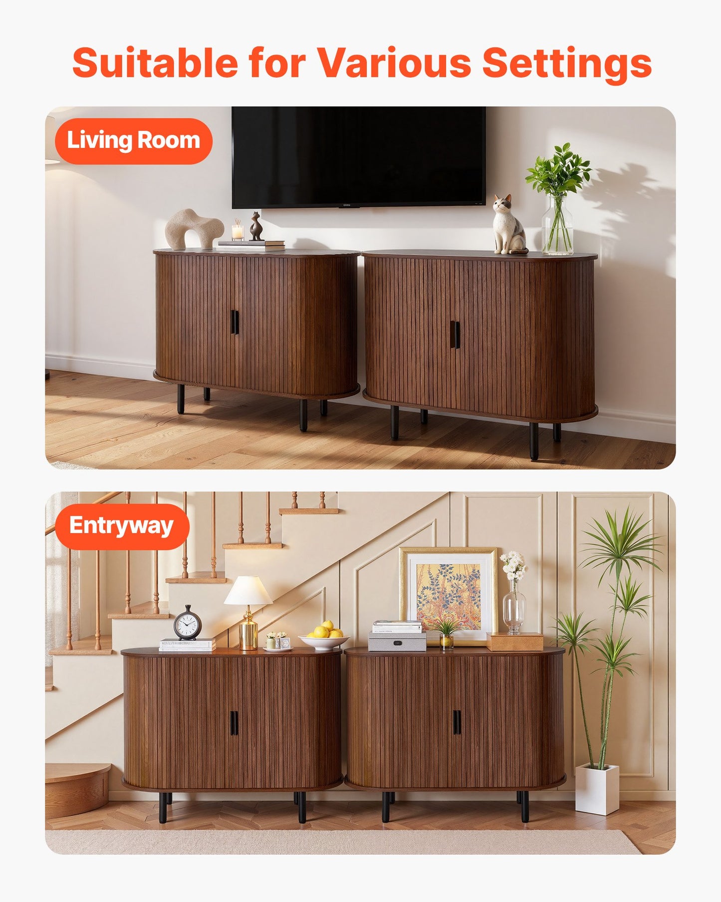 Mid Century Coffee Bar Cabinet with Sliding Doors - Walnut Finish, Versatile Storage