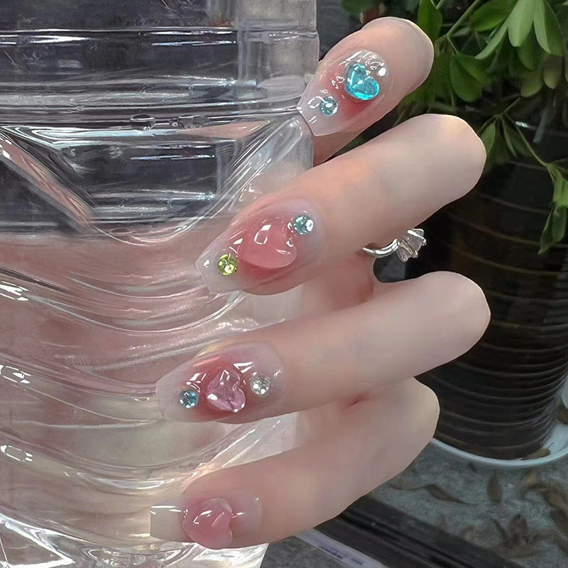 Removable Nail Tips with Heart Diamond Design - Ice-Transparent & Blush White
