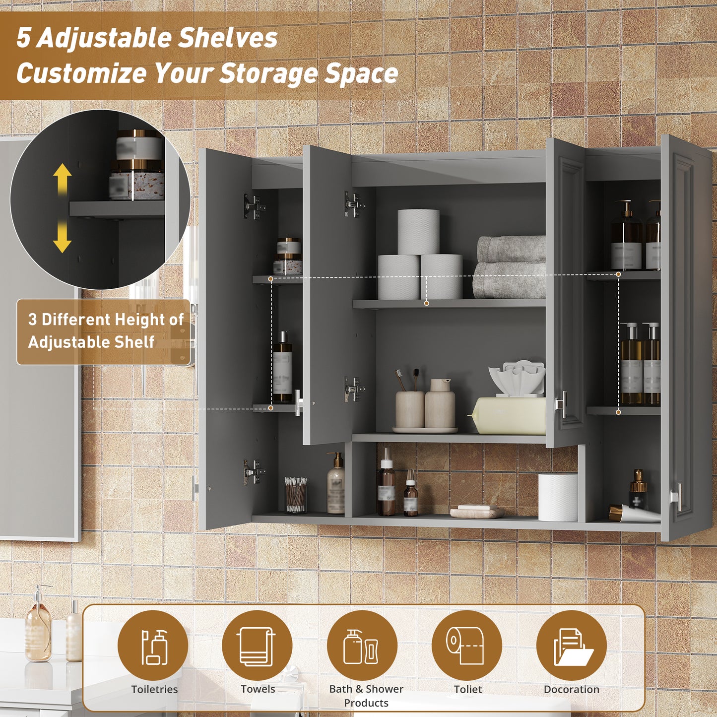 Wall-Mounted Modern Bathroom Cabinet with 5 Adjustable Shelves - Gray