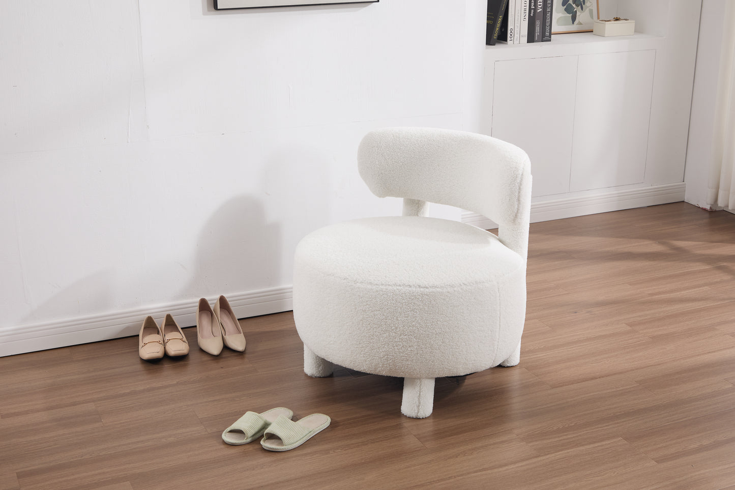 White Teddy Fabric Armless Accent Chair with Curved Backrest